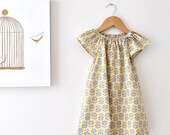 Toddler Girls Organic Spring Dress-modern retro flowers cotton yellow grey baby toddler party sundress- Children Clothing by Chasing Mini