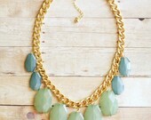 Aqua Mint and Teal Blue Statement Necklace on Chunky Gold Chain