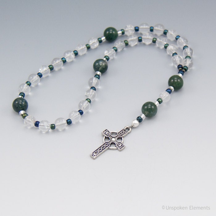 Anglican Prayer Beads, Quartz Crystal, Agate, Celtic Rosary, Green, Clear, Includes Gift Box