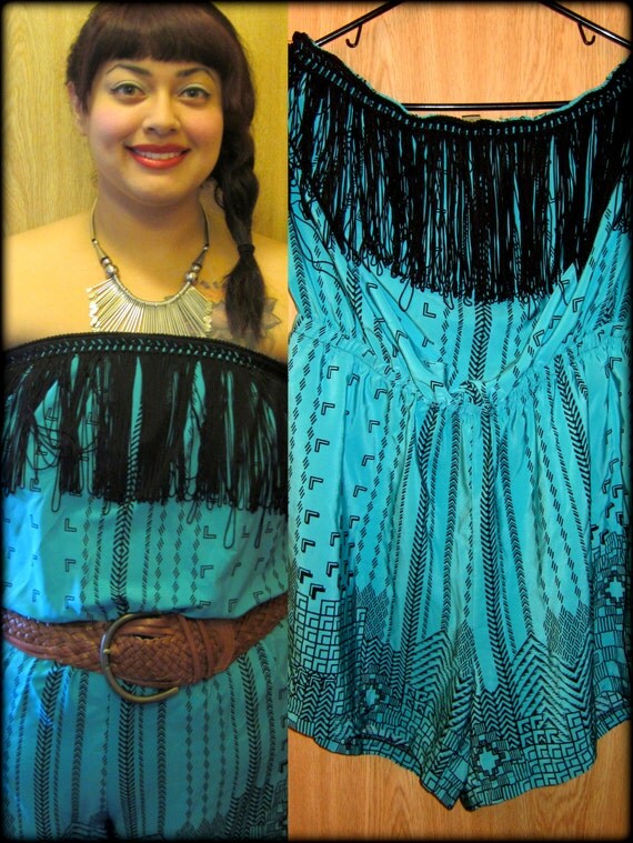 80's Funky Fringe Turquoise Romper Plus Size XXL 18 20