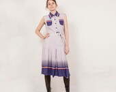 Vintage nautical stripped dress white blue red midi 70s shirt dress pleated women size small medium