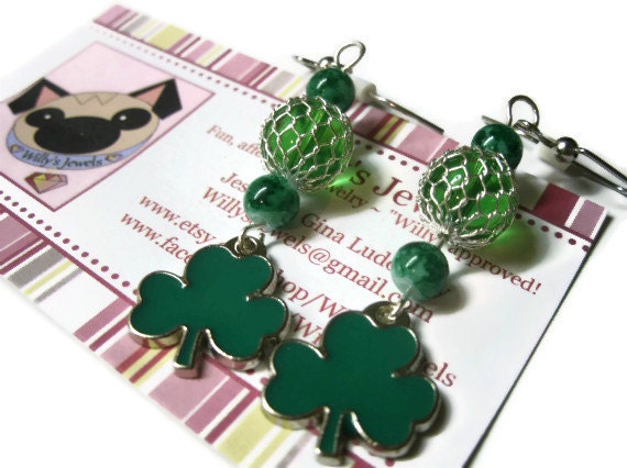 Shamrock Dangle Earrings, Green, Metal Enameled Four Leaf Clover Charms, Hypoallergenic Silver Plated French Hooks