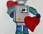 The Love Machine- 8"x10" Hand-painted canvas with embrodery Robot with Hearts design.