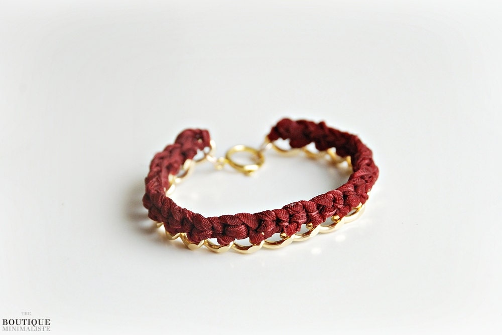 Gold and Burgundy Braided Chain Bracelet