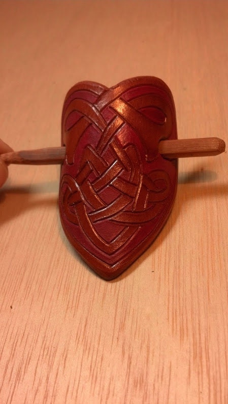 Carved Leather Celtic Heart Hair Barrette