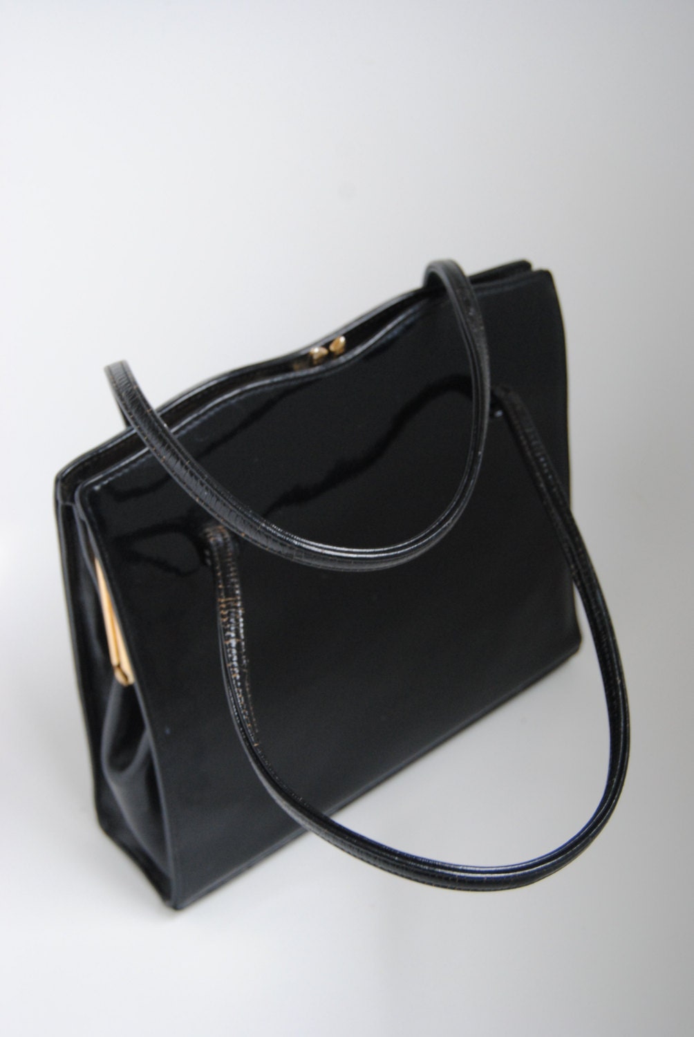 1950s hand bag -  Black Patent 'Exclusive Waldy bag (reg) Made in England' Handbag