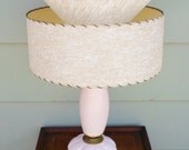 Vintage Mid Century Modern Pink and White Ceramic and Brass Table Lamp With Original Two Tiered Fiberglass Shade  Mod, Atomic, Lighting