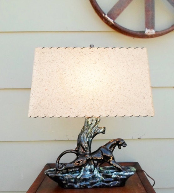 Vintage Mid Century Modern Ceramic Black Leopard Television Planter Lamp Black Panther, Table Lamp and Fiberglass Shade, Green, Lighting, T