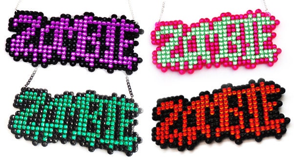 Fabulously Sparkly and Ghoulish Zombie Necklace - Custom Colours - Rockabilly - Halloween Costume & Horror Jewellery for the Undead