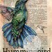 PRINT:  Hummingbird Mixed Media Drawing on Distressed, Dictionary Page