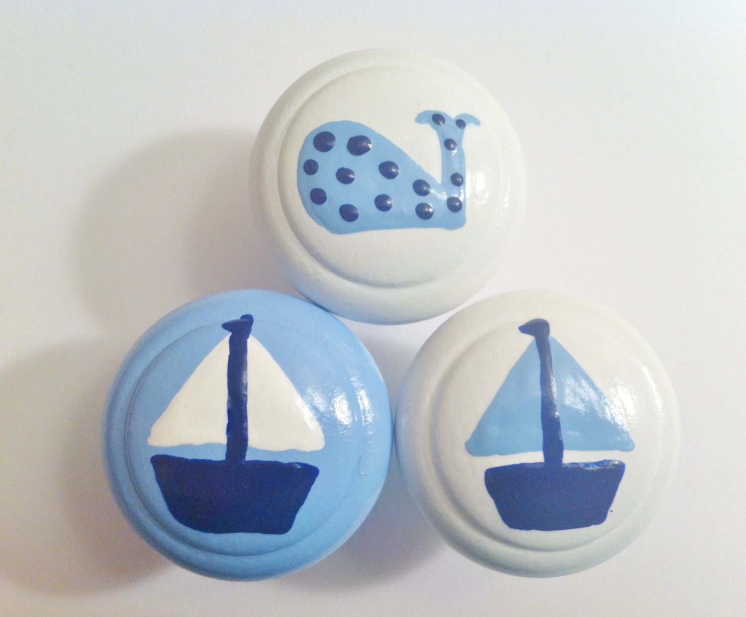 Dresser Knobs with Hand Painted Sail Boat and Whale in Baby Blue, White and Navy Blue
