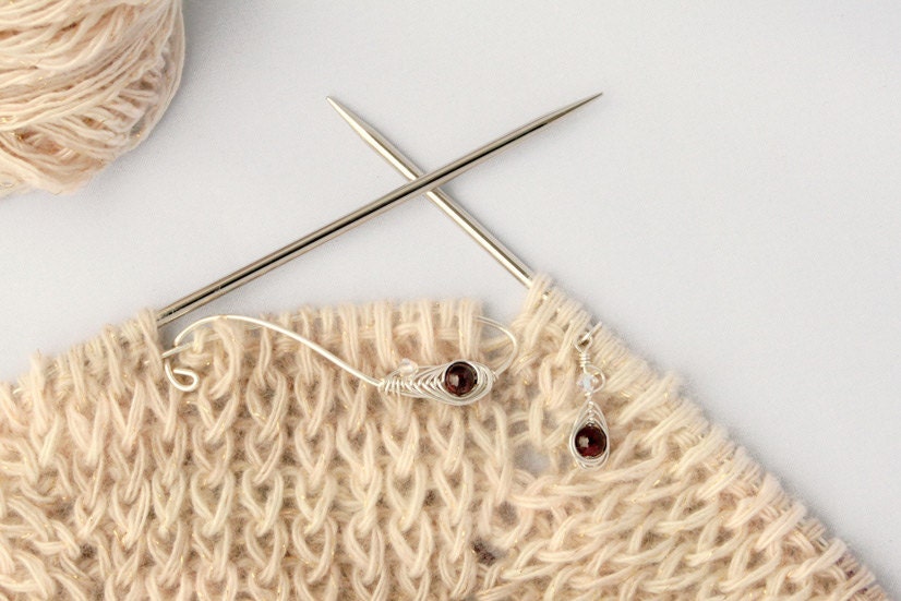 Silver Feather Knitting Tool Set With Garnet Stones - Handmade in Sterling Silver