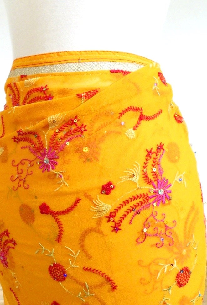 Extra Large Silk Sari Scarf, Chiffon Shawl, Orange Sarong, Embroidered Scarves, Orange Cover Up
