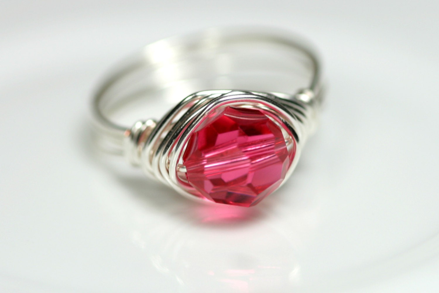 Dark Pink Ring Swarovski Ring Wire Wrapped Jewelry Handmade Sterling Silver Jewelry Handmade Swarovski Crystal Jewelry Pink Crystal Ring