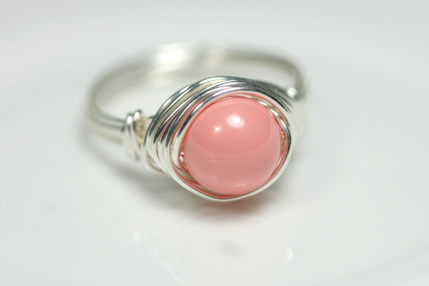 Pink Coral Ring Wire Wrapped Jewelry Handmade Sterling Silver Jewelry Handmade Swarovski Pearl Ring Swarovski Pearl Jewelry