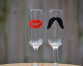 Fun His and Hers Custom Champagne Flutes with Mustache and Lips - Makes Great Gift