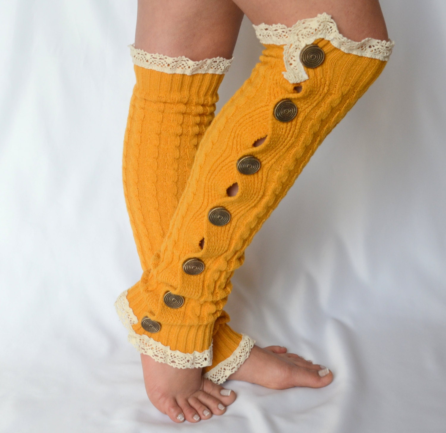 Mustard slouchy open button down lace cable knit leg warmers boot socks birthday gifts women's fashion accessories
