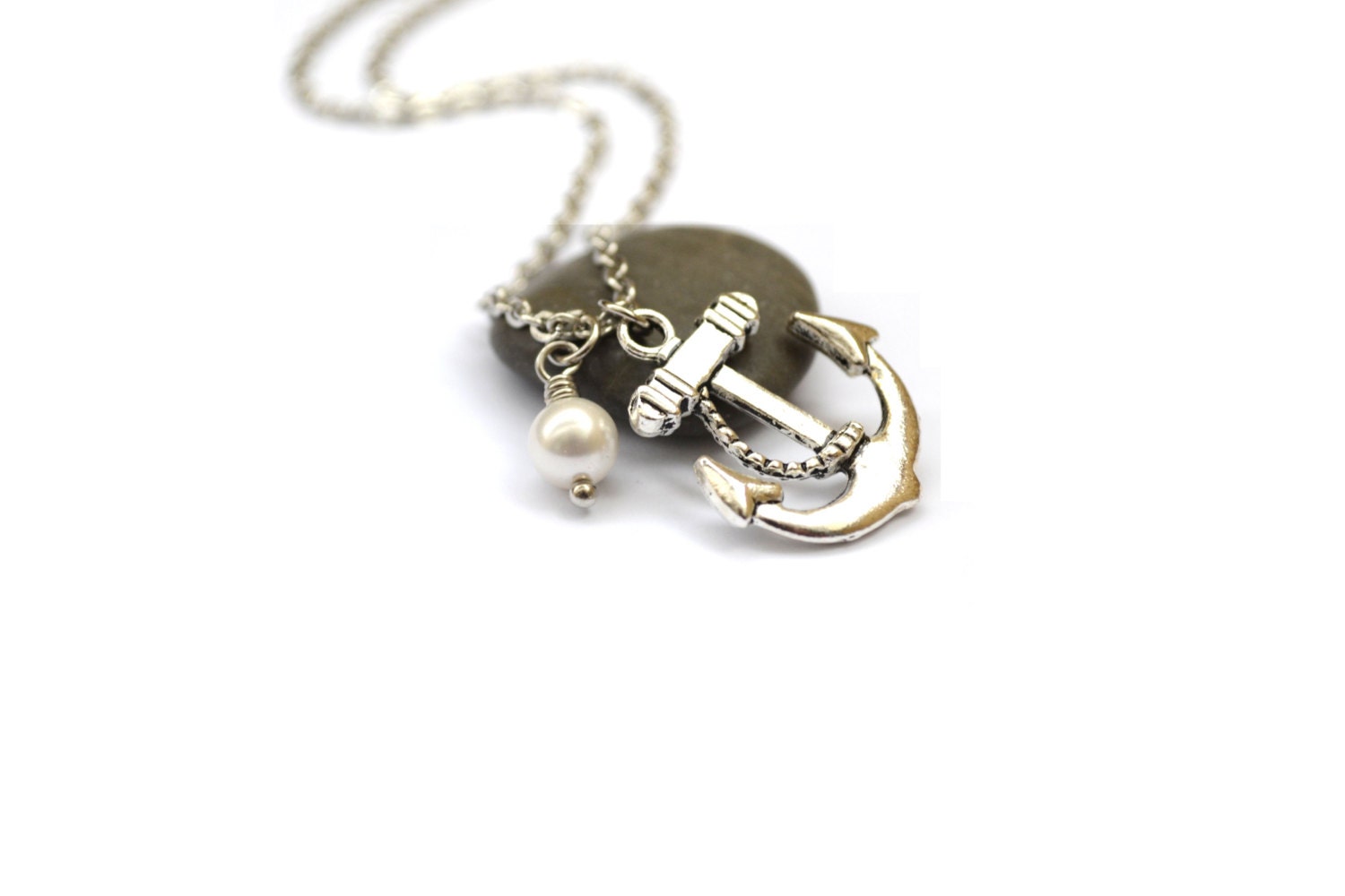Anchor Necklace - Bridesmaids Necklaces, Bridesmaid Gift, Wedding Jewelry, Anchor Pendant, Swarovski White Pearl Necklace. Thin, Dainty