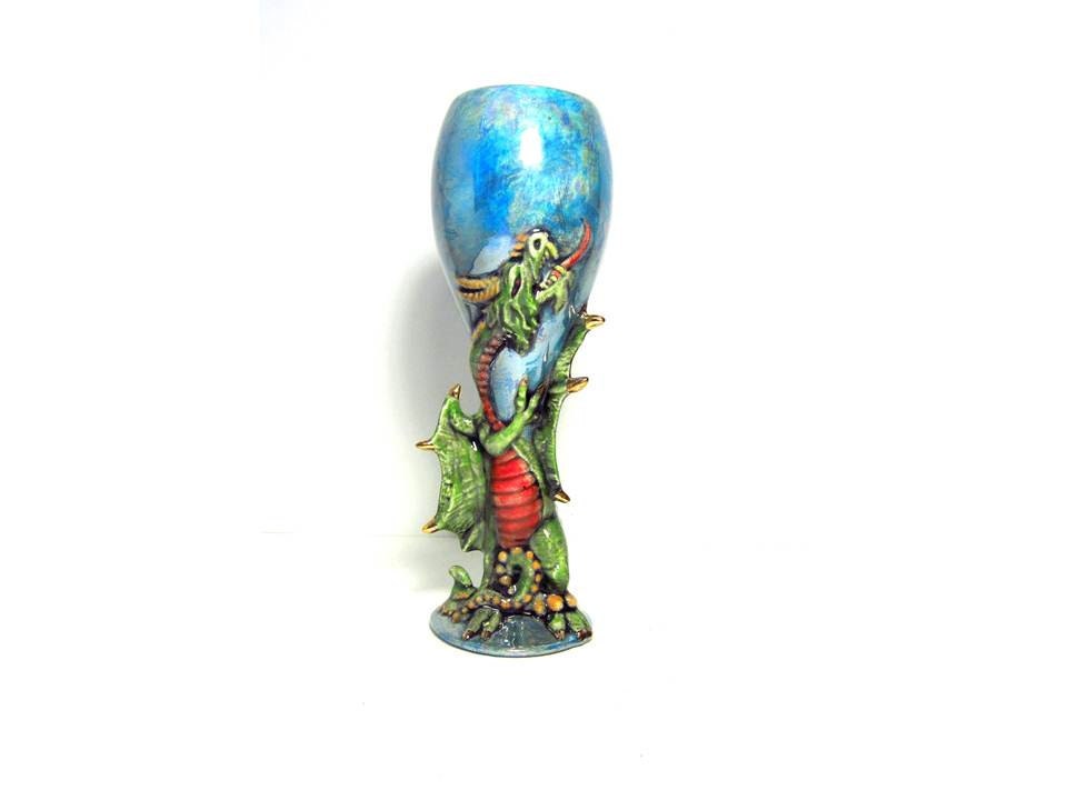 Ceramic Unique Dragon Goblet or Glass with real gold paint- 8 inches - hand painted fantasy goblet or wine glass, medieval