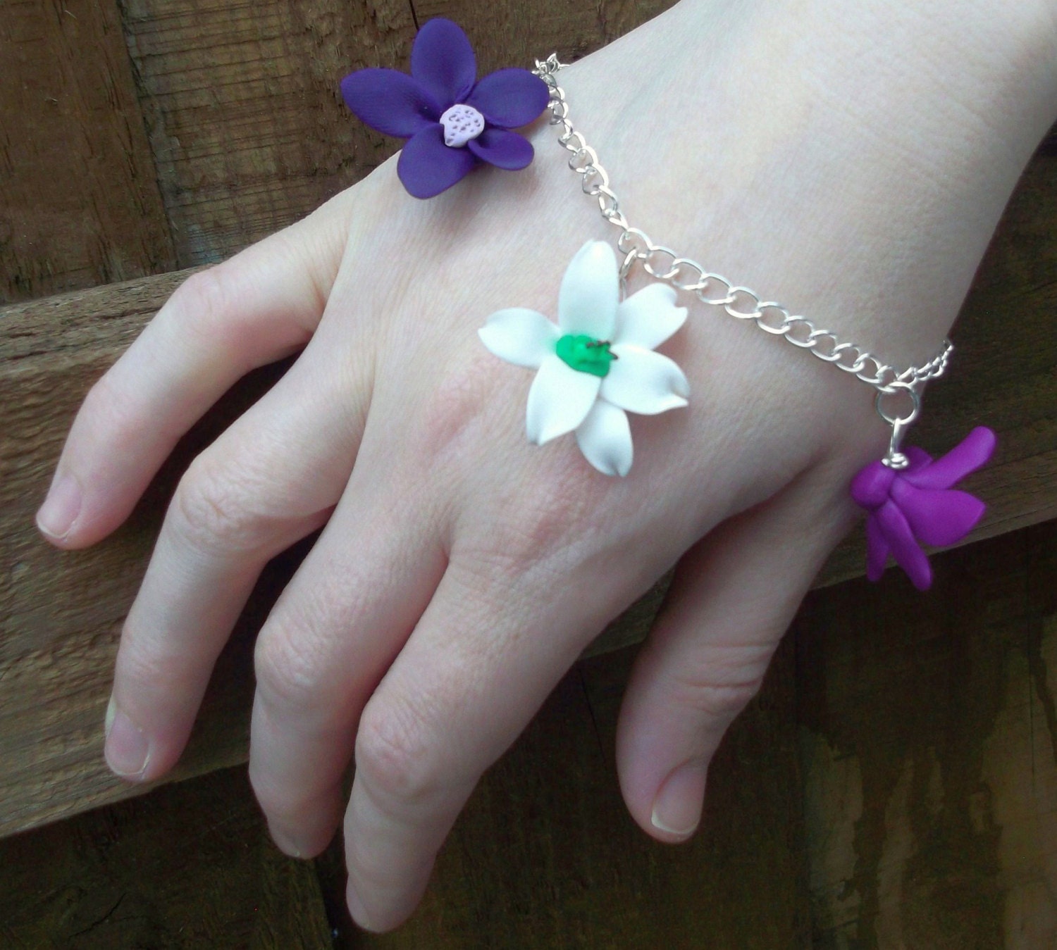 Flower Bracelet with Handsculpted Primrose Charms, Flower Jewellery, Chain Jewelry, Weddings, Floral Accessories
