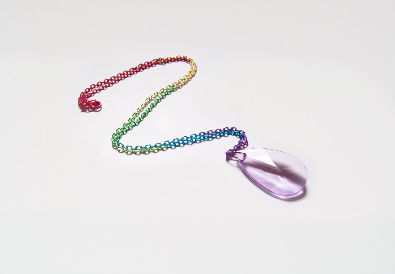 GAY PRIDE Light Purple Crystal Pendant Necklace w/ Rainbow Color Chain Oval Cut