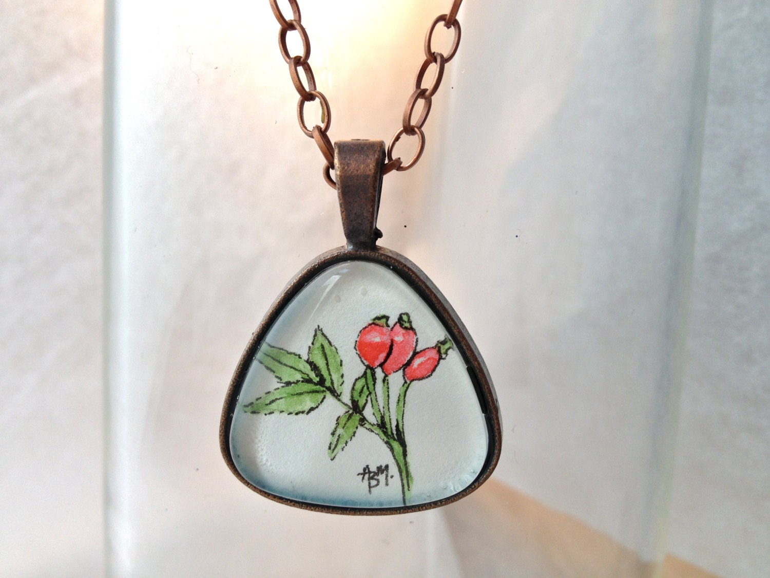 Rose Hip - Wearable Artwork Necklace - Original Miniature Watercolor Painting - One Of A Kinde