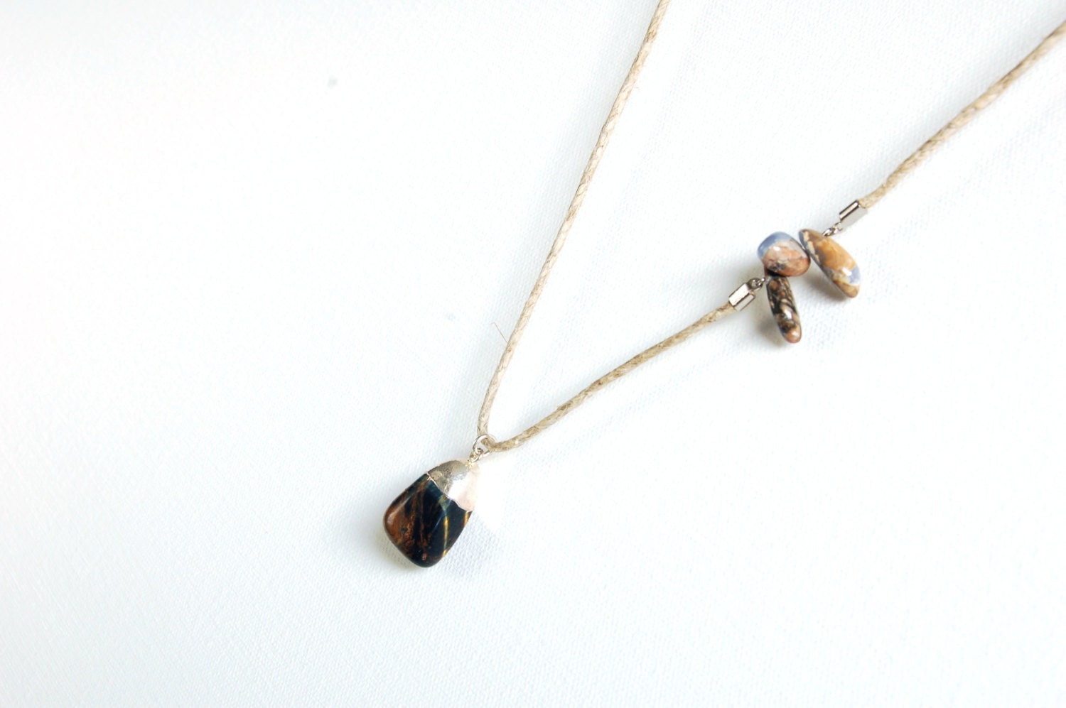 Long Pendant Necklace Tigers Eye Blue Chalcedony Hemp Jewelry Luck Raw Natural Stone Metaphysical Mineral Bohemian Folk Wedding Gift Brown
