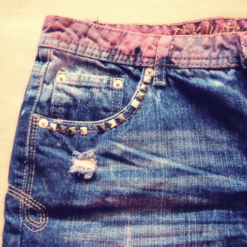 Upcycled Denim Dip Dye Shorts with Destruction and Studs - Size 8