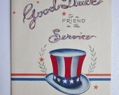 Unused Vintage Good Luck to a Friend in the Service Greeting Card Patriotic Retro Military Soldier Made in USA
