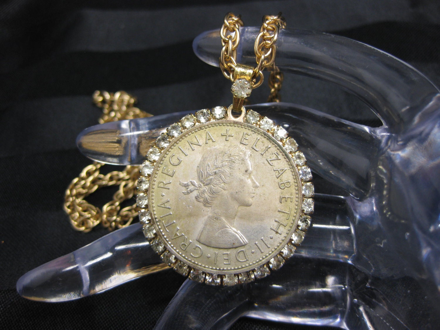 Long Vintage Coin Rhinestone Pendant on Gold Chain Link Necklace