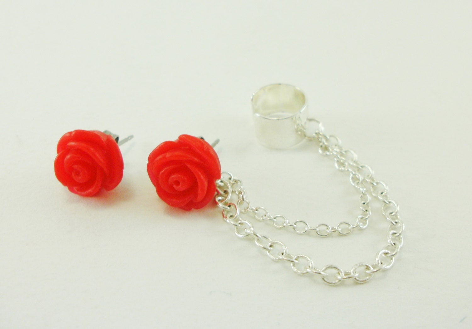 Red Rose Ear Cuff / rose stud earrings / earcuff / ear cuff set with chain