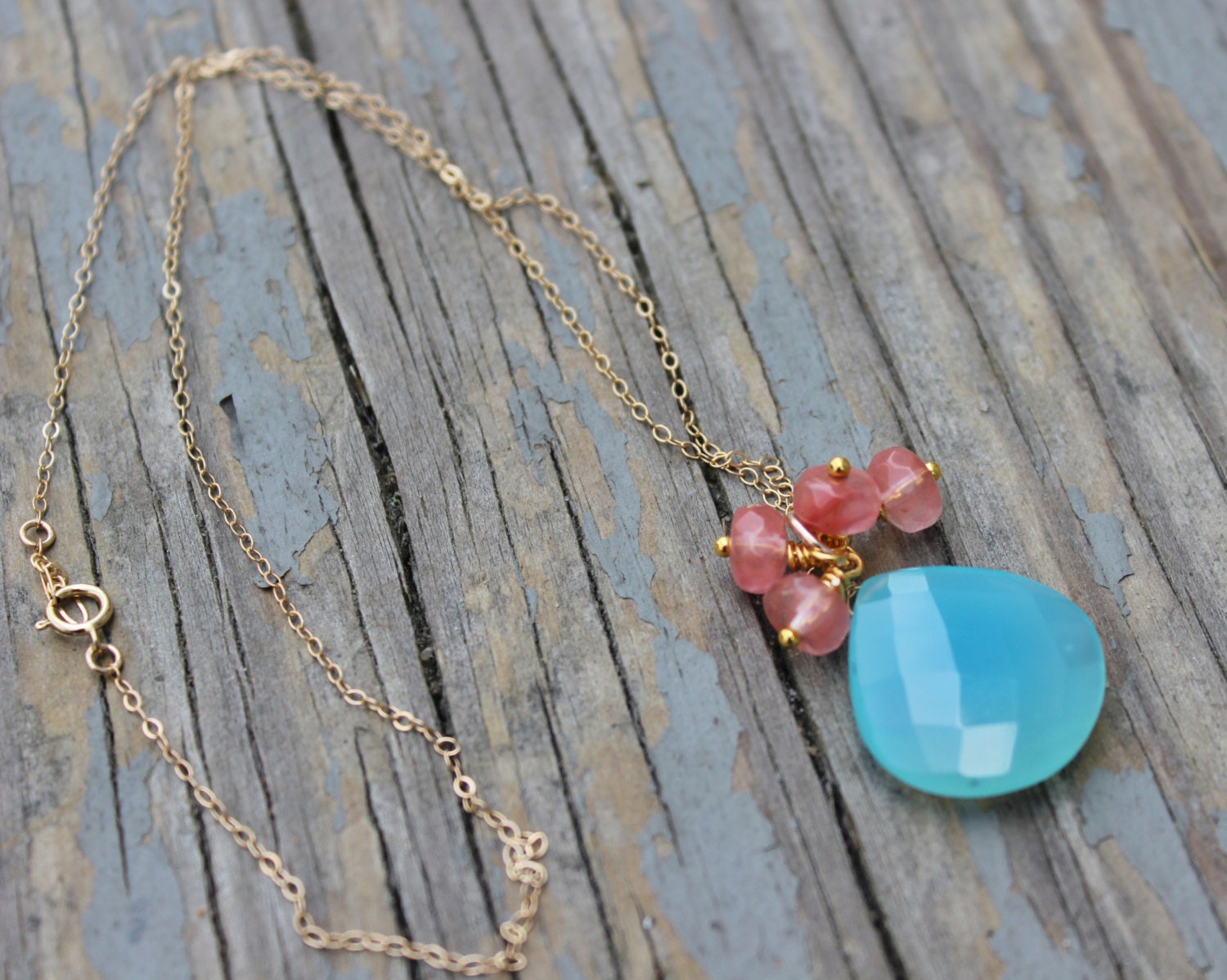 Gold Filled Necklace - Aqua Chalcedony Necklace - Rose Quartz Necklace - Gemstone Necklace- Blue faceted heart briolette Necklace