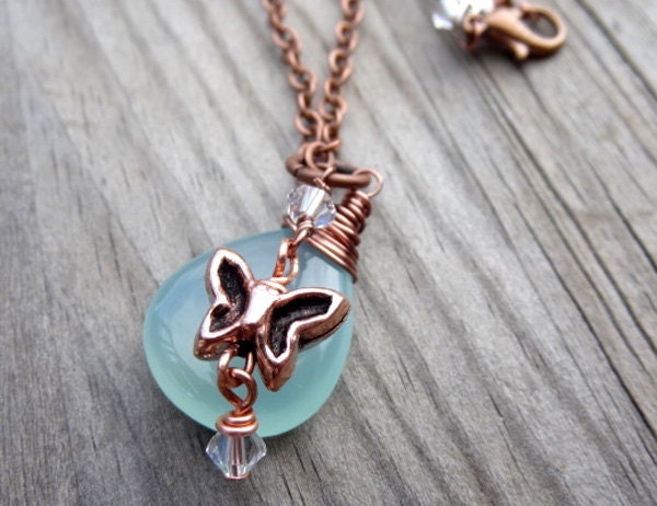 Copper Wire Wrapped Aqua Blue Chalcedony with Butterfly and Crystal Charm Handmade Pendant Necklace