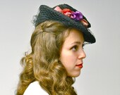 Vintage 1930s / 1940s Hat: Black 40s Tilt Hat, Fascinator Topper Hat with Flowers