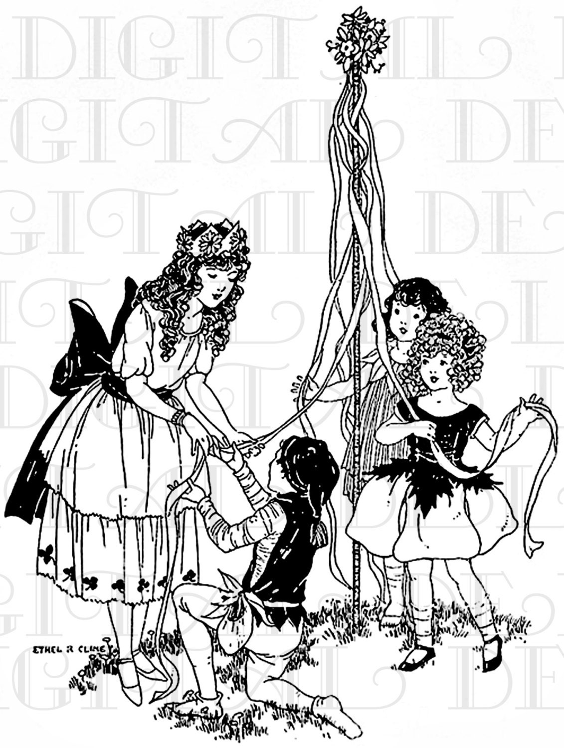 Creating The Maypole. MAY DAY Vintage Illustration. DIGITAL  Download. Vintage May Day Print. - DandDDigitalDelights