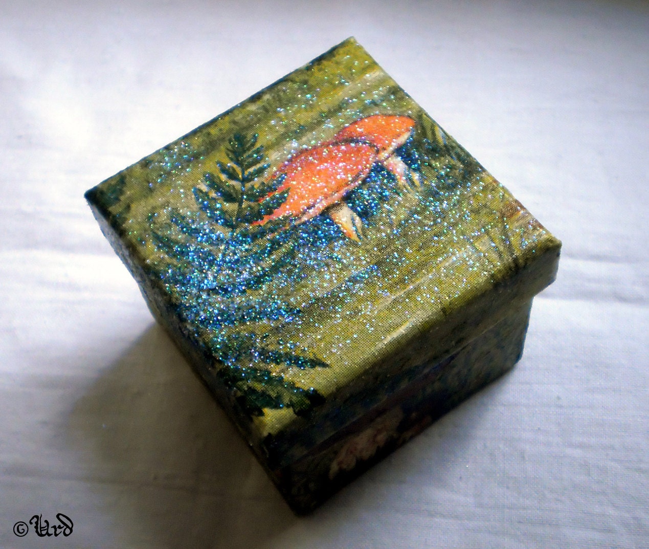 Decoupage jewelry box "fairy forest" - medium size recycled cardboard, sparkling, green, mushrooms, enchanted forest gift box, handmade OOAK