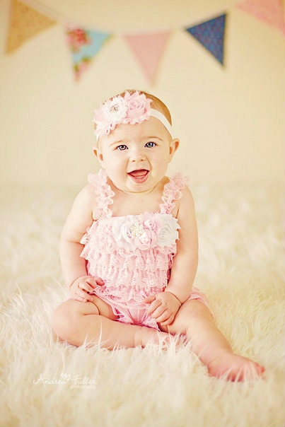 Petti Romper Headband SET,  Pink Lace romper & baby headband, hair bow, outfit, pettiromper girl