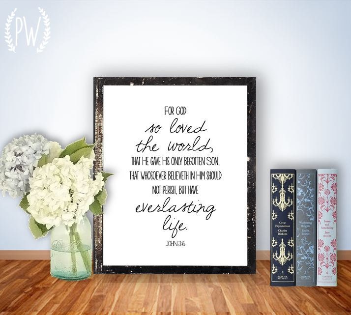Bible verse Print, John 3:16 printable scripture wall art, Christian decor poster - For God so loved the world, digital