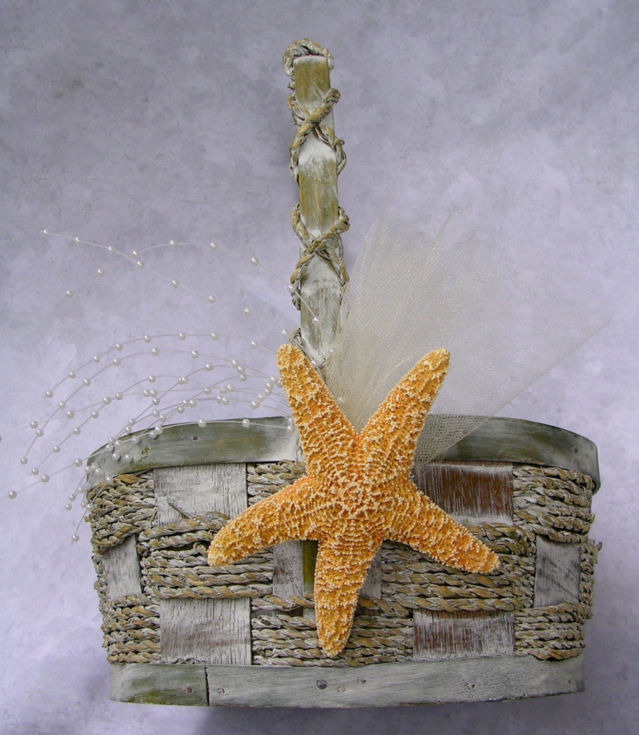 Flower Girl Basket Beach Blue Gray with Sugar Starfish