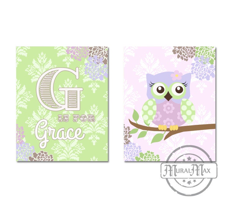 Nursery Art Print , Personalized Nursery art Set of Two 8X10  Prints , owl, birds, baby name, purple