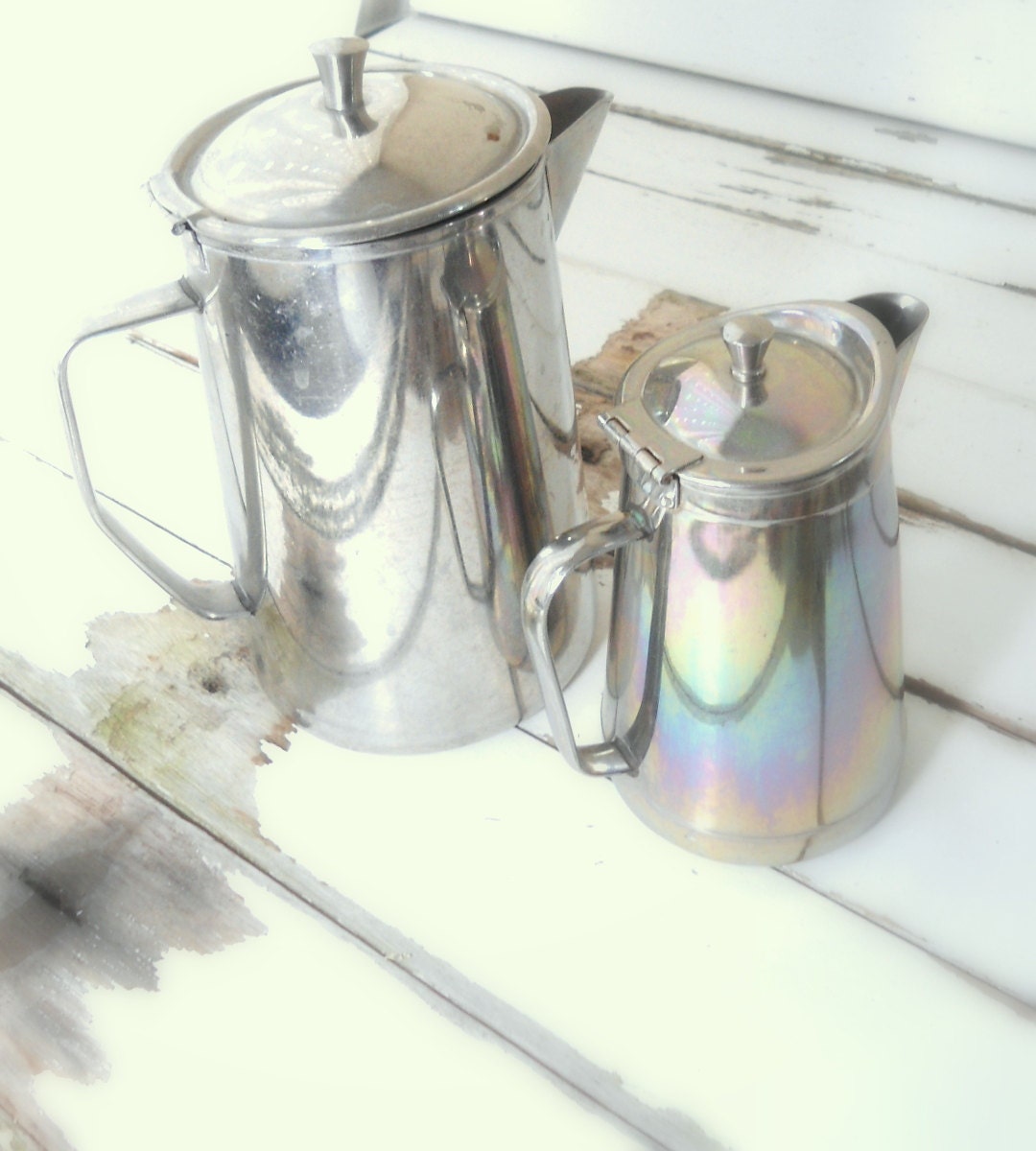 tea pot - set 2- serving set- metal decor- silver interior design- hotel industrial- Sweetlakevintage- wedding gift