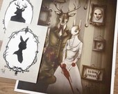 Print set -- "Mr and Mrs Perrington" 11x14 inch print w/ two 5x7 cameo silhouette prints - lowbrow Victorian art - deer & rabbit