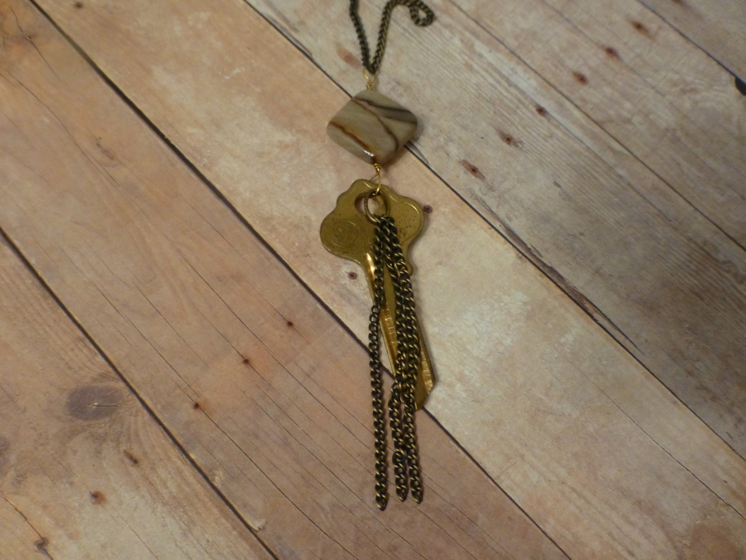 Vintage Gold Key & Swirled Jasper Necklace - Long Gold Tassel Necklace