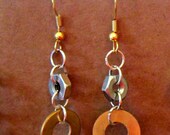 Handmade modern metal dangle industrial hardware earrings, fun urban chic unique earrings, screw nuts brass washers, gold plated earrings