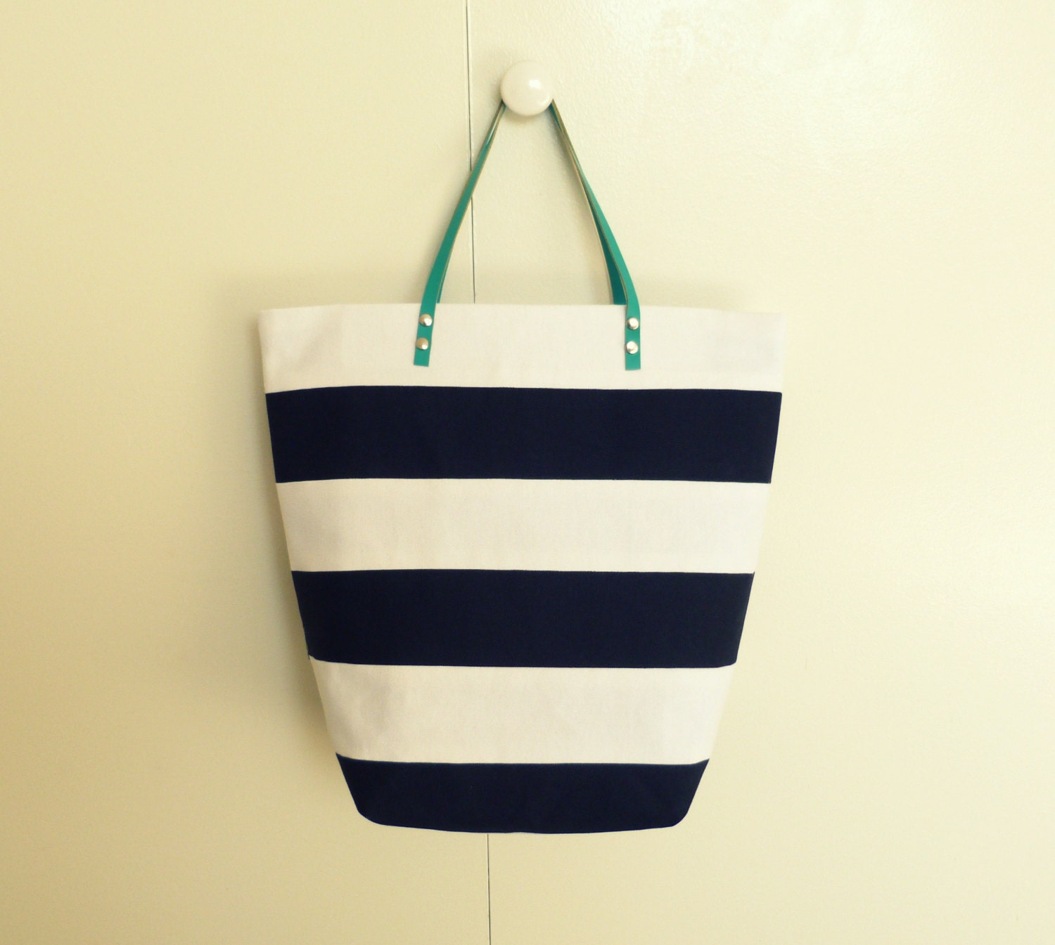 Striped Bag - Black and White Stripy Bag - Canvas Bag - Canvas Tote - Turquoise Leather Handles - Tote Bag - Carry All - Market Bag