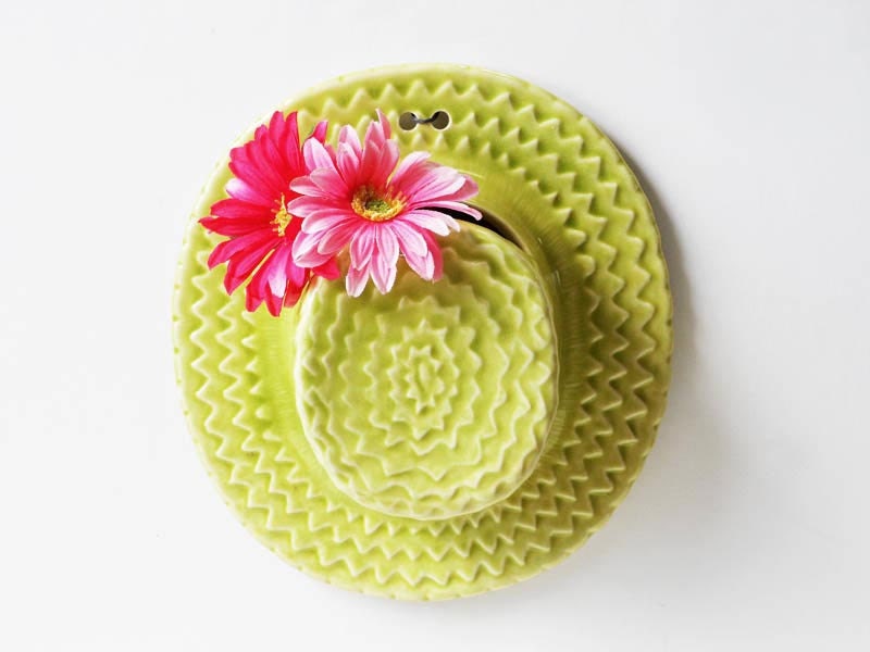 Vintage Large Ceramic Straw Hat Wall Pocket / Chartreuse Hat Wall Pocket