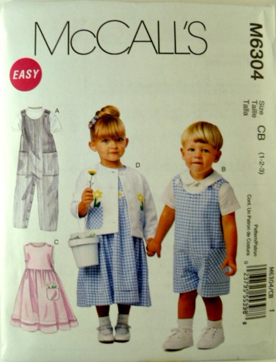 McCalls M6304 Pattern Toddlers Rompers Two Lengths Dress Jacket and Shirt Uncut Size 1 2 3 p3z