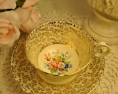 AYNSLEY Bone China  Tea Cup and Saucer gold filigree and pretty flowers