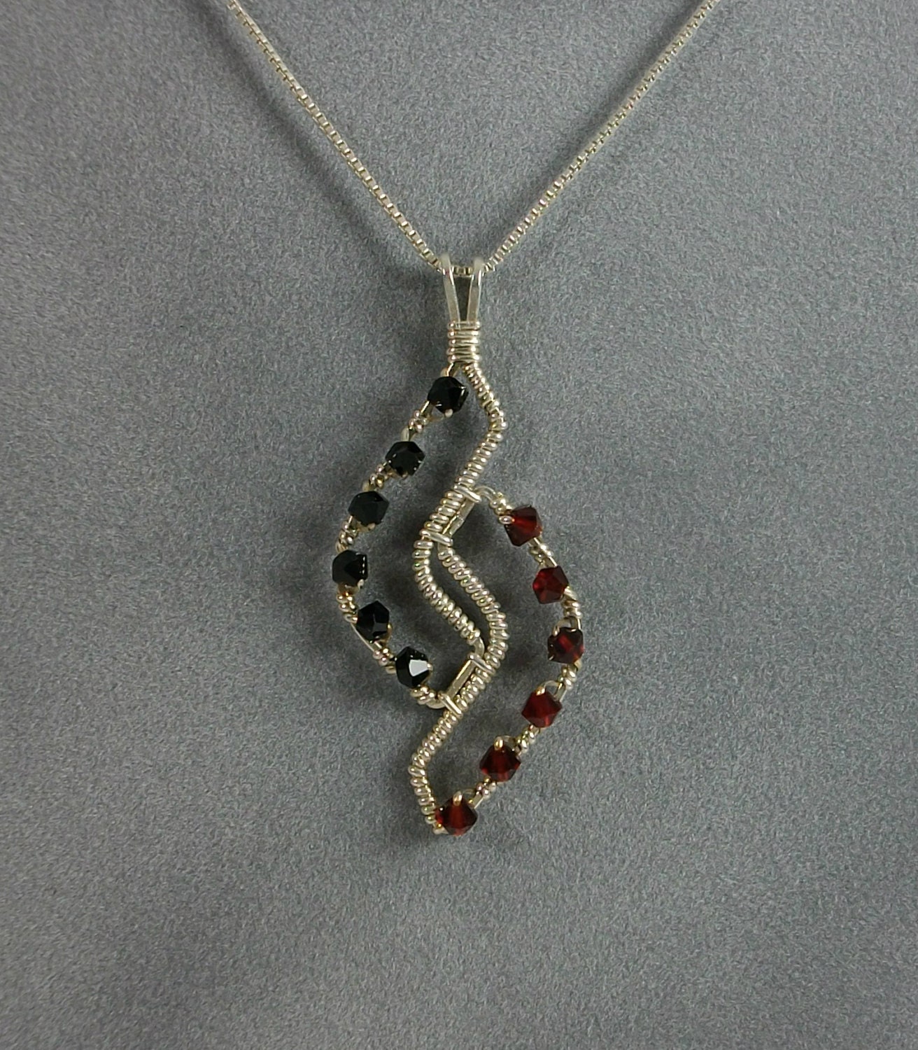 Handmade Abstract Sterling Silver Wire Wrapped Pendant with Red and Black Swarovski Crystal Beads