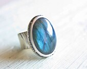 Blue Labradorite Ring Sterling Silver Cocktail Ring Size 7 1/4 Silversmithed Metalsmithed